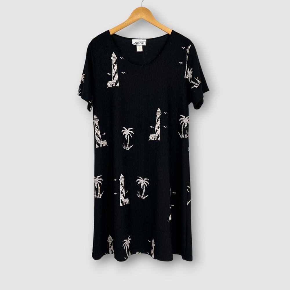 90s Vintage Lighthouse Palm Tree Print T-shirt Dress Black and White Size Large